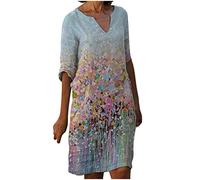 Womens Dresses Linen Dresses Clearance Summer V Neck 3/4 Sleeve Floral-Butterfly/Solid Knee-Length Dress Loose Casual T Shirt Dresses Mini Sundress Ladies Dress Boho Beach Midi Flowy Dresses