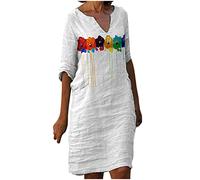 Womens Dresses Linen Dresses Sale Clearance Summer V Neck 3/4 Sleeve Floral-Butterfly/Solid Knee-Length Dress Loose Casual T Shirt Dresses Mini Sundress Ladies Dress Boho Beach Midi Flowy Dresses
