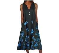 Women's Dresses Sale Clearance Summer Casual Sleeveless Long Dress Bohemian Floral Print Sundress V Neck Button Midi Dress Ladies T Shirt Dress Flowy Swing Beach Dress Holiday Clothes