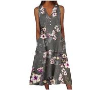 Women's Dresses Sale Clearance Summer Casual Sleeveless Long Dress Bohemian Floral Print Sundress V Neck Button Midi Dress Ladies T Shirt Dress Flowy Swing Beach Dress Holiday Clothes
