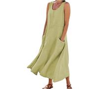 Women's Dresses Sleeveless Cotton Linen Dress Summer Dress Casual V-Neck Beach Dress Pockets (Light Green,2XL)
