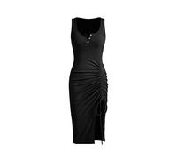 Womens Dresses Sleeveless Sexy Midi Dress Button Up Camis Dress Side Drawstring Sleeveless Warp Shirring Ribbed Knitted Split Solid Casual Beach Cover-Up Elegant