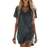 Womens Dresses Solid Short Sleeves V-Neck Cotton Linen Dresses Casual Loose Fit Summer Sundress with Pockets Breathable Soft Comfortable Tops for Daily Wear Beach Dark Gray