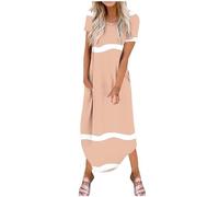 Womens Dresses Summer Crew Neck Short Sleeve Striped Printed Dress with Pockets Casual Loose Long Dress Swing Maxi Dress Plus Size Tunic Dress Bohemian Beach Dress for Ladies Size S-2XL