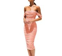 Womens Dresses Summer Long Women's Summer Off The Shoulder Ruched Bodycon Dresses Sleeveless Sexy Party Club Midi Dress Pink