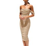 Womens Dresses Summer Long Women's Summer Off The Shoulder Ruched Bodycon Dresses Sleeveless Sexy Party Club Midi Dress Beige