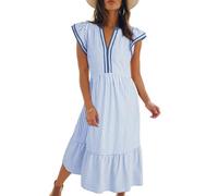 Womens Dresses Summer V-Neck Ruffle Cap Sleeve Empire Waist Flowy Striped Beach Midi Maxi Dress Casual Elegant Dress with Pockets Blue