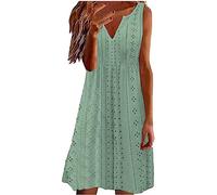 Womens Dresses UK Sleeveless V Neck Summer Dresses Eyelet Pullover Baggy Dress Knee Length Dresses Summer Sundress Boho Swing Dress Ladies Plain Casual Tank Dress Green