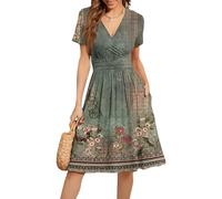 Womens Dresses UK, Womens Sundress Summer Floral Short Sleeve Wrap V Neck A-Line Empire Waist Midi Dress with Pockets Personalised Gifts,Army Green,L,k127k
