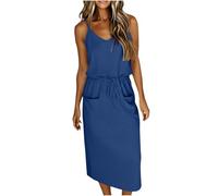 Womens Dresses V Neck Cami Dress with Drawstring Waist and Pockets Midi Sundress Ladies Dresses Solid Sleeveless Summer Dress Beach Holiday Vacation Outfits Casual Outdoor Loungewear