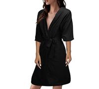 Women's Dressing Gown Cotton Linen Lightweight Bathrobe Short Sleeve House Coat Short Thin Sauna Gown Large Sizes Kimono Summer Sauna Bathrobes Airy Solid Nightdress Lightweight Sleepwear, black, XXL