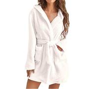 Womens Dressing Gown Fluffy Bath Robes UK Ladies Flannel Super Soft Hooded Bathrobe Winter Cozy Plush Fleece Bath Robe with Pockets Dressing Gown Loungewear Faux Fur Pyjamas Gifts for Her White