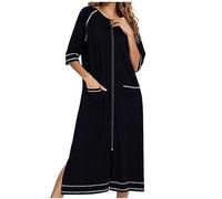 Womens Dressing Gowns Zip Dressing Gown Crew Neck Robe Womens Full Length Robe Ladies Lightweight Dressing Gowns with Pocket Floral Print/Plain Black