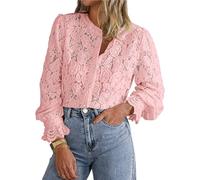 Women's Dressy Casual Lace Blouse, Long Sleeve Lace Blouses for Women,Long Sleeve Button Up Shirts Tops,Women's Lace Long Sleeve Tops,Dressy Casual Button Down Shirts (Pink,S)