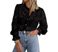 Women's Dressy Casual Lace Blouse, Long Sleeve Lace Blouses for Women,Long Sleeve Button Up Shirts Tops,Women's Lace Long Sleeve Tops,Dressy Casual Button Down Shirts (Black,L)