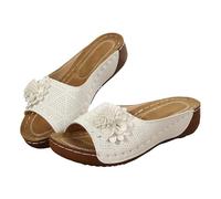 Womens Dressy Flowers Open Toe Platform Casual Walking Slip on Sandals Arch Support Boho Beach Sandals Outdoor Shoes (White,4)