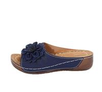 Womens Dressy Flowers Open Toe Platform Casual Walking Slip on Sandals Arch Support Boho Beach Sandals Outdoor Shoes (Dark Blue,4)