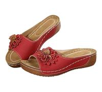 Womens Dressy Flowers Open Toe Platform Casual Walking Slip on Sandals Arch Support Boho Beach Sandals Outdoor Shoes (Red,6.5)