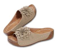 Womens Dressy Flowers Open Toe Platform Casual Walking Slip on Sandals Arch Support Boho Beach Sandals Outdoor Shoes (Off-white,5)