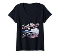 Women's Drift Car Racing Sakura Cherry Blossoms JDM Japanese Comic V-Neck T-Shirt