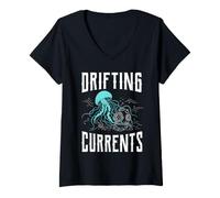 Women's Drifting Currents Jellyfish Funny Diving Ocean Marine Diver V-Neck T-Shirt
