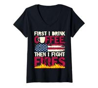 Womens Drink Coffee Then Fight Fires Firefighter Coffee Lover V-Neck T-Shirt