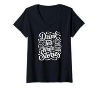 Women's Drink Tea Write Stories Creative Writing Life V-Neck T-Shirt