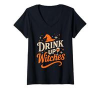 Womens Drink Up Witches Wine Glass Halloween Bachelorette Drinking V-Neck T-Shirt