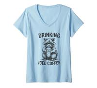 Women's Drinking Iced Coffee Raccoon Shirt Funny Trash Panda Lovers V-Neck T-Shirt