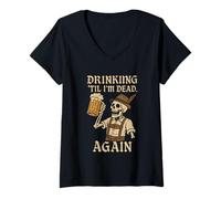 Women's Drinking Til I'm Dead Again Skeleton Beer Mug V-Neck T-Shirt