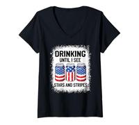 Womens Drinking Until I See Stars & Stripes 4th of July Bleached V-Neck T-Shirt