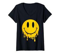Women's Dripping Happy Face Melted Cool Emoticon Groovy Vibes V-Neck T-Shirt
