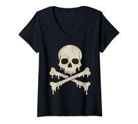 Womens Dripping Skull Crossbones Skeleton Jolly Roger Flag Pirates V-Neck T-Shirt