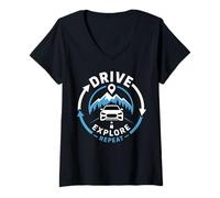Women's Drive Explore Repeat Road Trip Adventure V-Neck T-Shirt