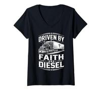 Womens Driven Faith and Diesel Trucking Jesus Christian Trucker V-Neck T-Shirt