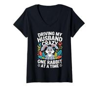 Womens Driving My Husband Crazy One Rabbit at A Time Funny V-Neck T-Shirt