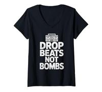 Womens Drop Beats Not Bombs Boombox Peace Music Design V-Neck T-Shirt