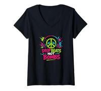 Womens Drop Beats Not Bombs Peace Symbol Music V-Neck T-Shirt