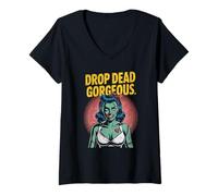 Womens Drop Dead Gorgeous Zombie Girl with Retro Hairstyle V-Neck T-Shirt