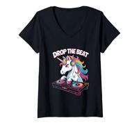 Womens Drop The Beat DJ Animal Unicorn Fantasy V-Neck T-Shirt