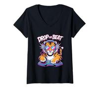 Womens Drop The Beat DJ Tiger Headphones V-Neck T-Shirt