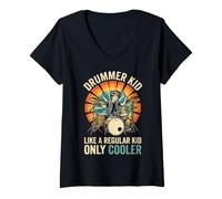 Women's Drummer Kid Like A Regular Kid Only Cooler Vintage Sunburst V-Neck T-Shirt