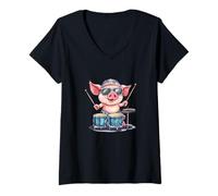 Womens Drumming Pig Ready to Rock the Stage Costume V-Neck T-Shirt
