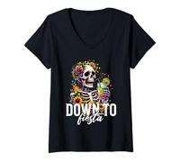 Womens DTF Down to Fiesta Funny Mexican Skull Cinco De Mayo V-Neck T-Shirt