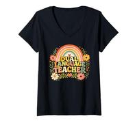 Women's Dual Language Teacher Retro Rainbow Educator Design V-Neck T-Shirt