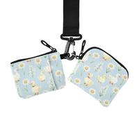 Women's Dual Wallets Busniess Card Cases, Zipper Coin Purse Wallet | Slim Detachable, with Keychain, 2 Packs, Office Work, White Duck Daisy Flower