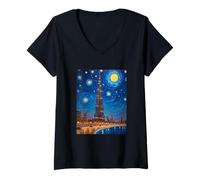 Womens Dubai Burj Khalifa Starry Pop Skyline V-Neck T-Shirt