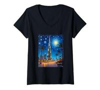 Womens Dubai Burj Khalifa Starry Pop Skyline V-Neck T-Shirt