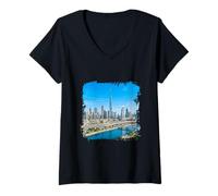 Women's Dubai Skyline Burj Khalifa Modern City Landscape V-Neck T-Shirt