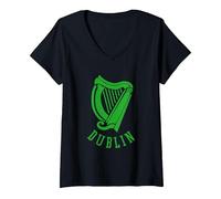 Women's Dublin Irish Celtic Harp s Medieval s Emblem of Dublin V-Neck T-Shirt, Black, Medium